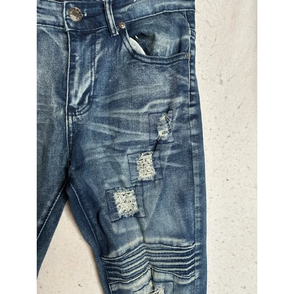RGSTR Mens Distressed Moto Biker Jeans Blue Denim Ribbed Knee Slim Fit Size 30